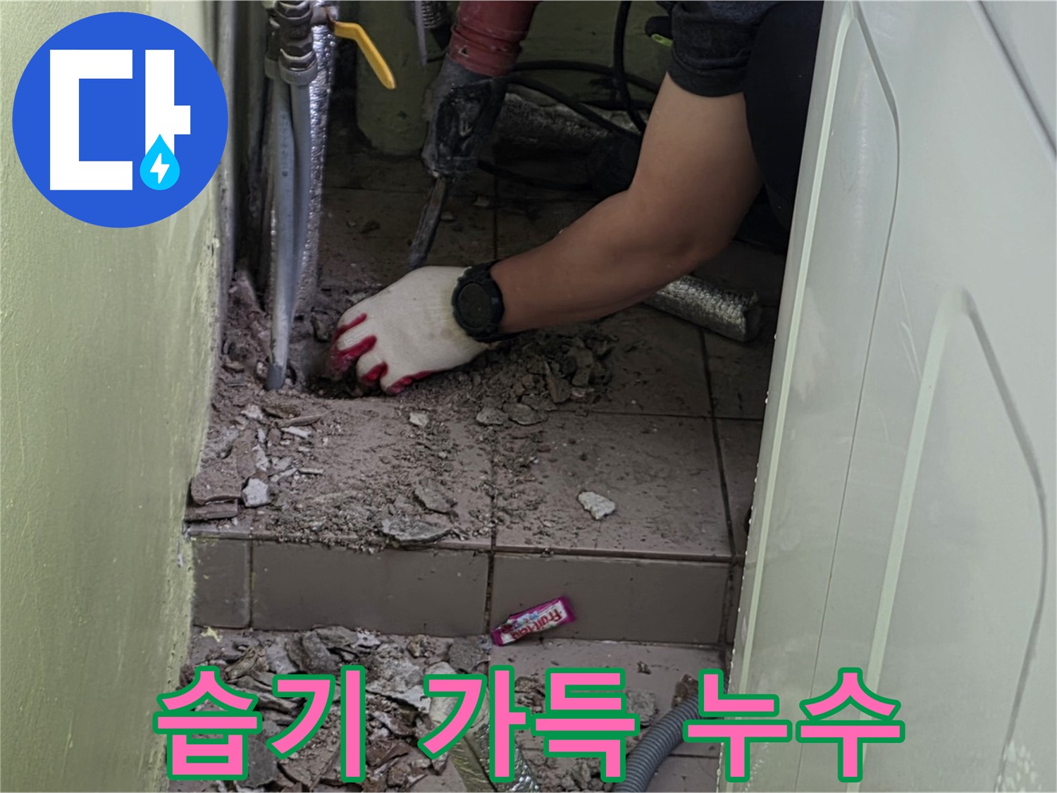 화도읍 누수 - 깨진 타일 아래 습기로 가득한 누수 현장