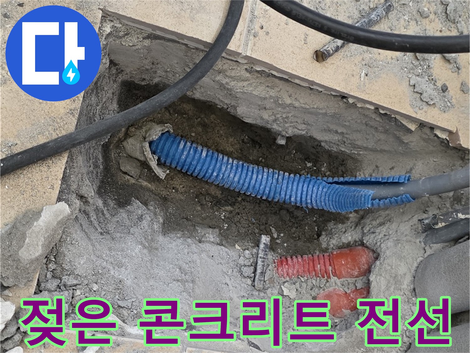 양주 삼숭동 누수 - 굴착 후 젖은 콘크리트와 꼬불거리는 파란 전선관