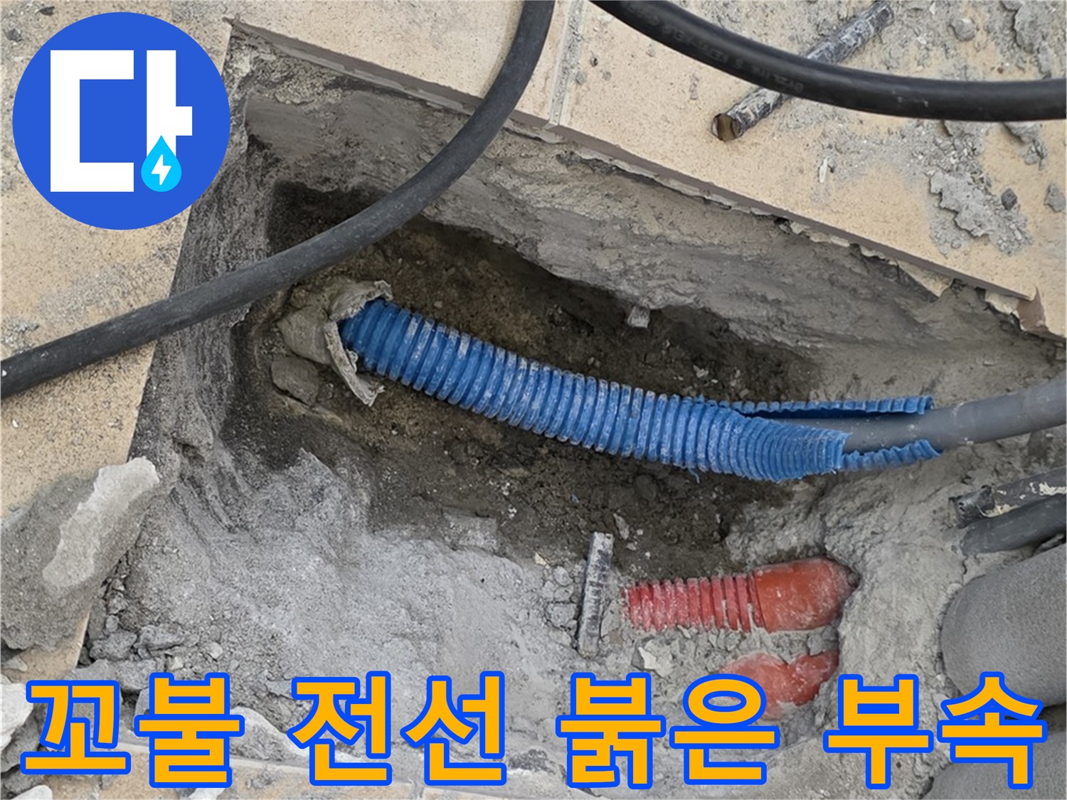 양주 삼숭동 자이아파트 누수 - 굴착 후 꼬불거리는 파란 전선관과 붉은색 연결 부속이 함께 뿅 하고 나타났네요