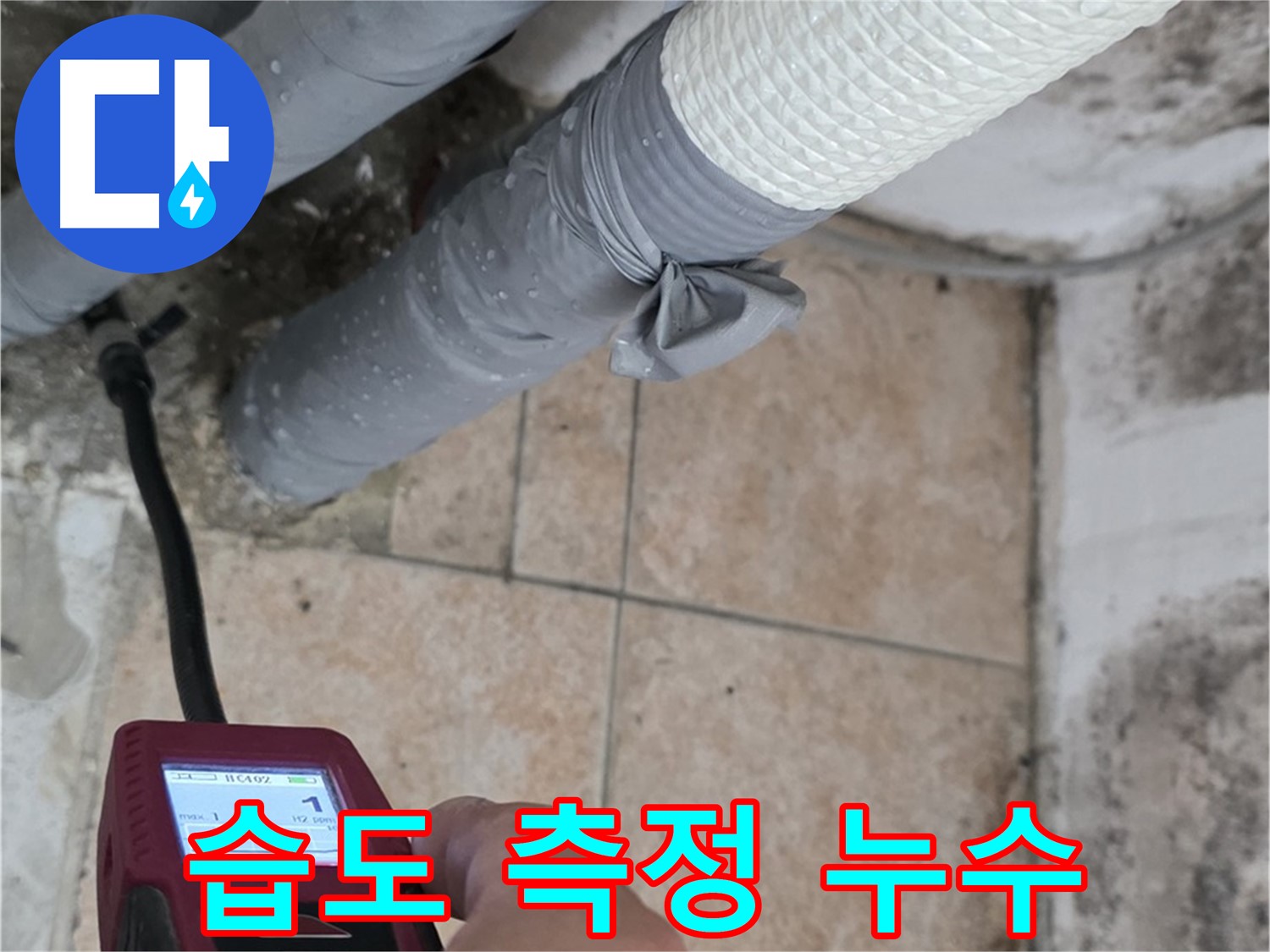 길음동 숭인로 누수 현장에서 습도 측정기를 사용하여 누수 위치를 정확하게 찾고 있습니다 - 첨단 장비로 숨은 누수까지 찾아냅니다.