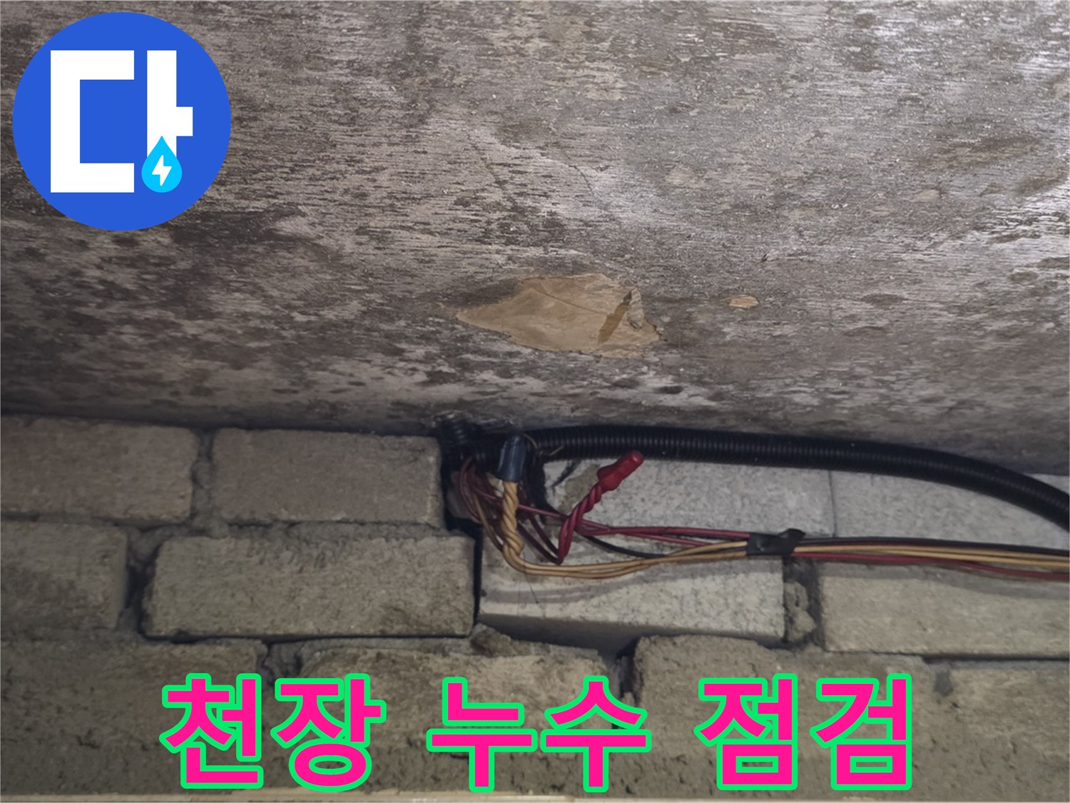 용인 처인구 원일아파트 누수 - 콘크리트 천장의 누수 지점을 꼼꼼하게 점검하는 모습