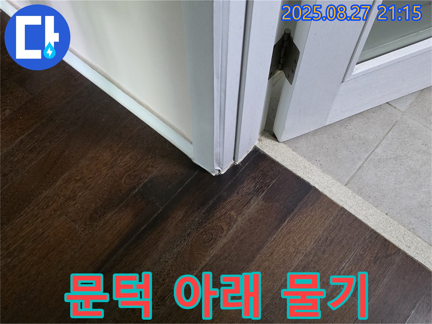 문턱 아래 물기 - 누수의 직접적인 증거입니다 - 누수 전문가의 정확한 진단 및 책임 시공이 필요합니다.