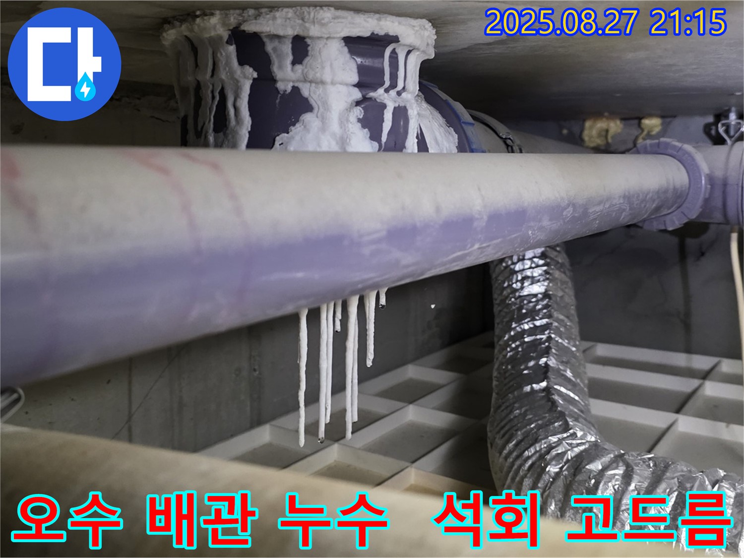 오래된 오수 배관에서 발생한 누수 - 석회 고드름까지 생겨난 심각한 상황입니다. 정확한 진단과 꼼꼼한 보수가 필요합니다.