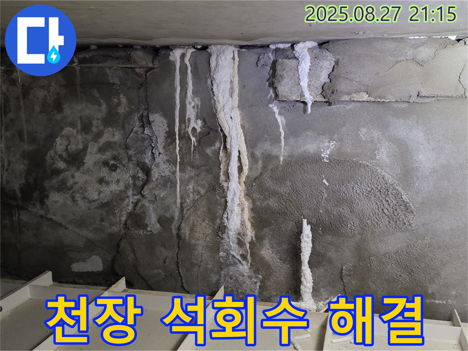 운중동 산운로 121 주차장 천장 - 석회수 누수와의 오랜 전쟁을 끝내고, 깔끔하게 마무리된 현장을 보여줍니다.