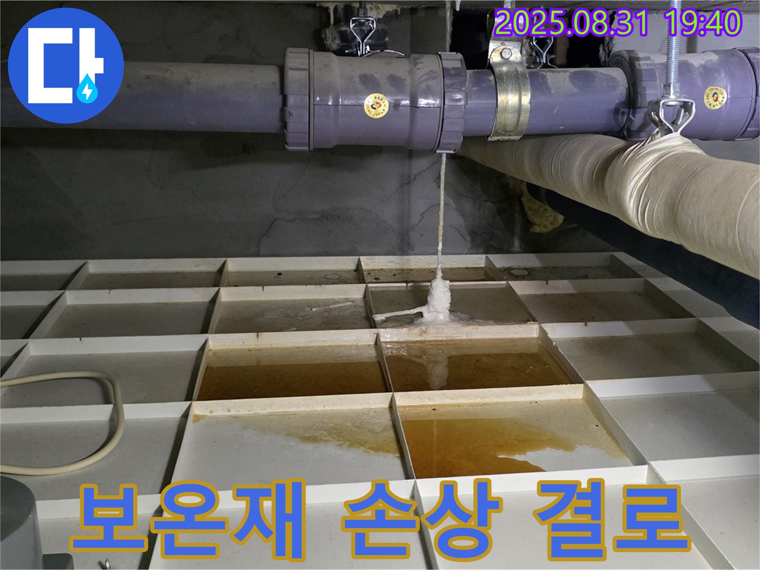 분당 산운로 누수 - 물탱크 보온재 손상으로 인한 결로 현상 및 누수 발생 - 보온재 교체가 필요합니다.