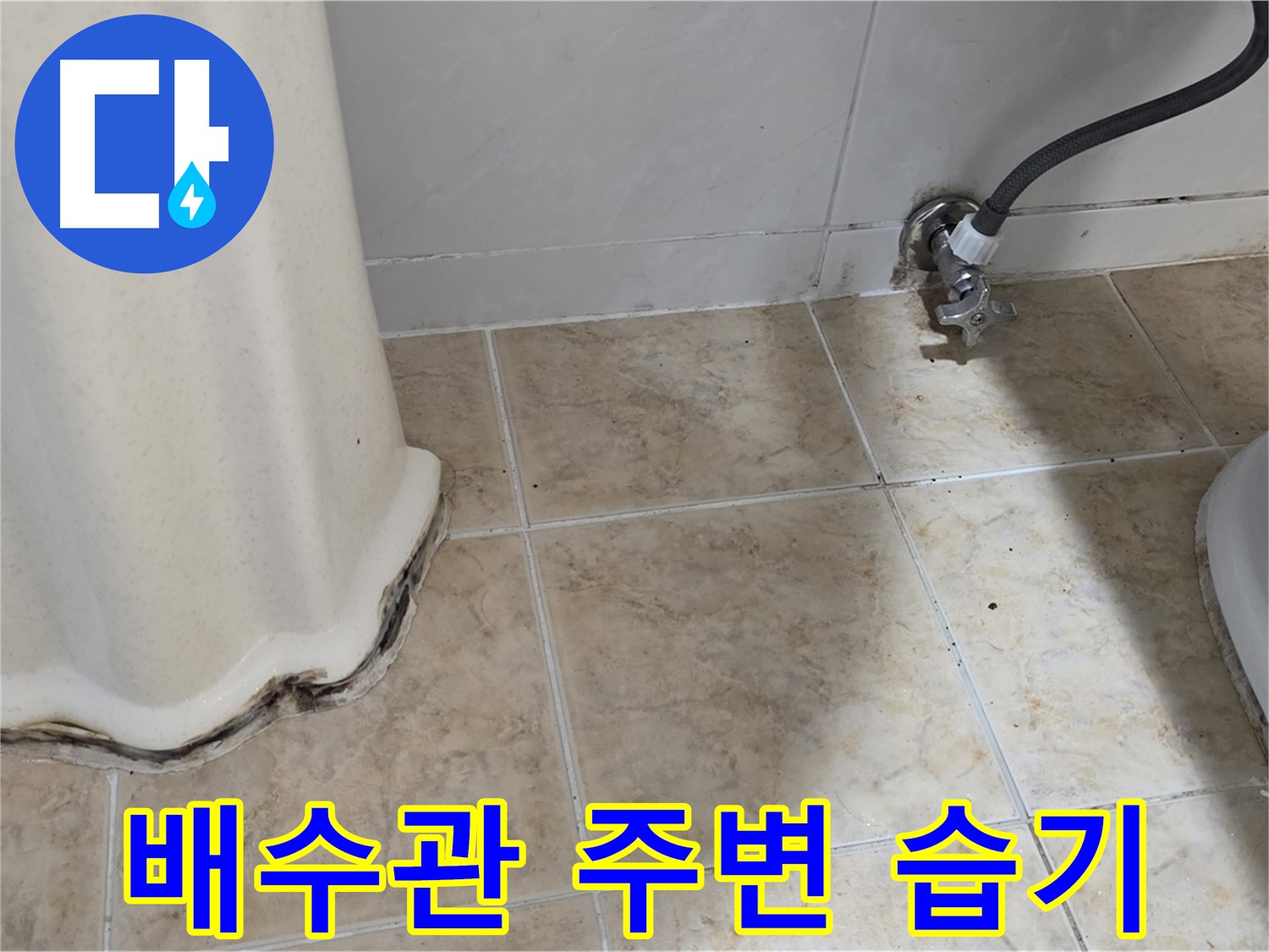 세면대 아래 배수관 주변 습기 - 세면대 아래 배수관 주변에 습기가 있는 모습입니다 - 누수 가능성이 높아졌습니다.