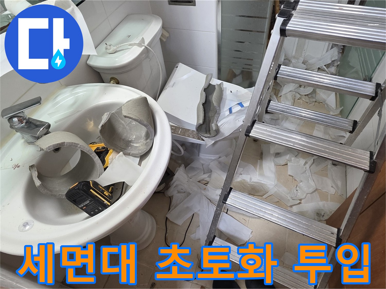 양주시 백석읍 화장실 천장 내부 배관 상태를 확인하기 위해 사다리를 이용해 작업하는 모습입니다.