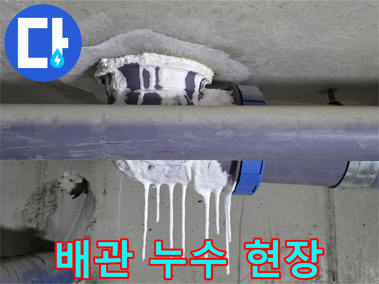 배관 누수 현장 - 누수 발생 부위를 클로즈업하여 보여줍니다.
