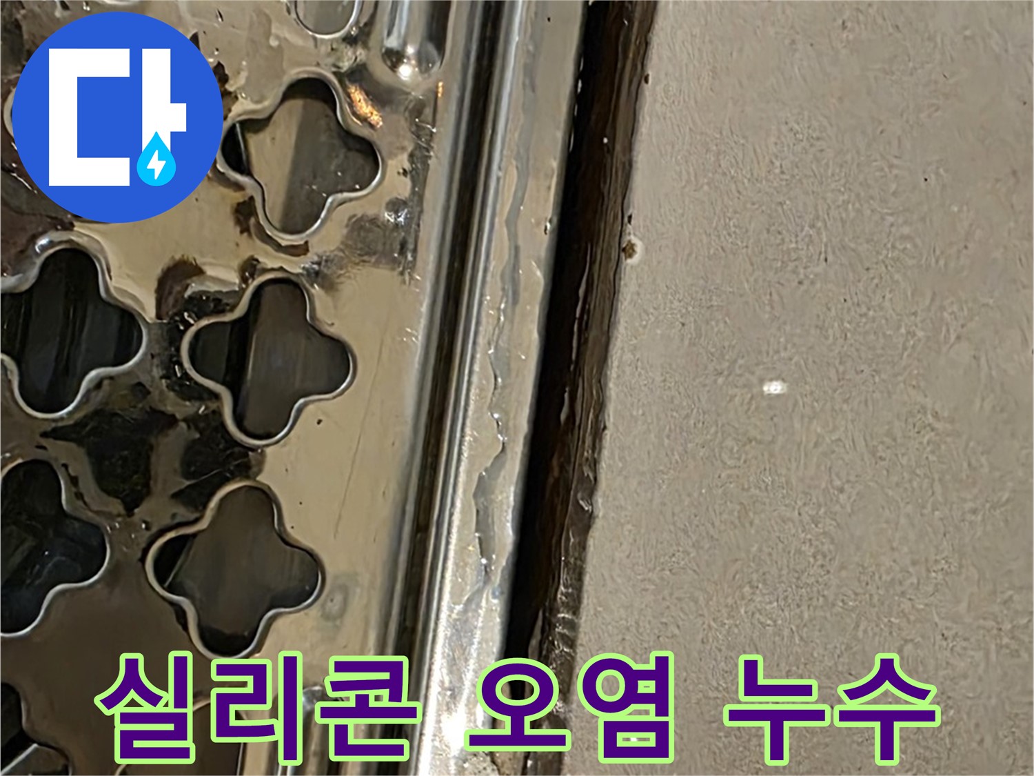 배수구 주변 실리콘 오염 - 곰팡이 및 변색으로 인한 방수 기능 저하