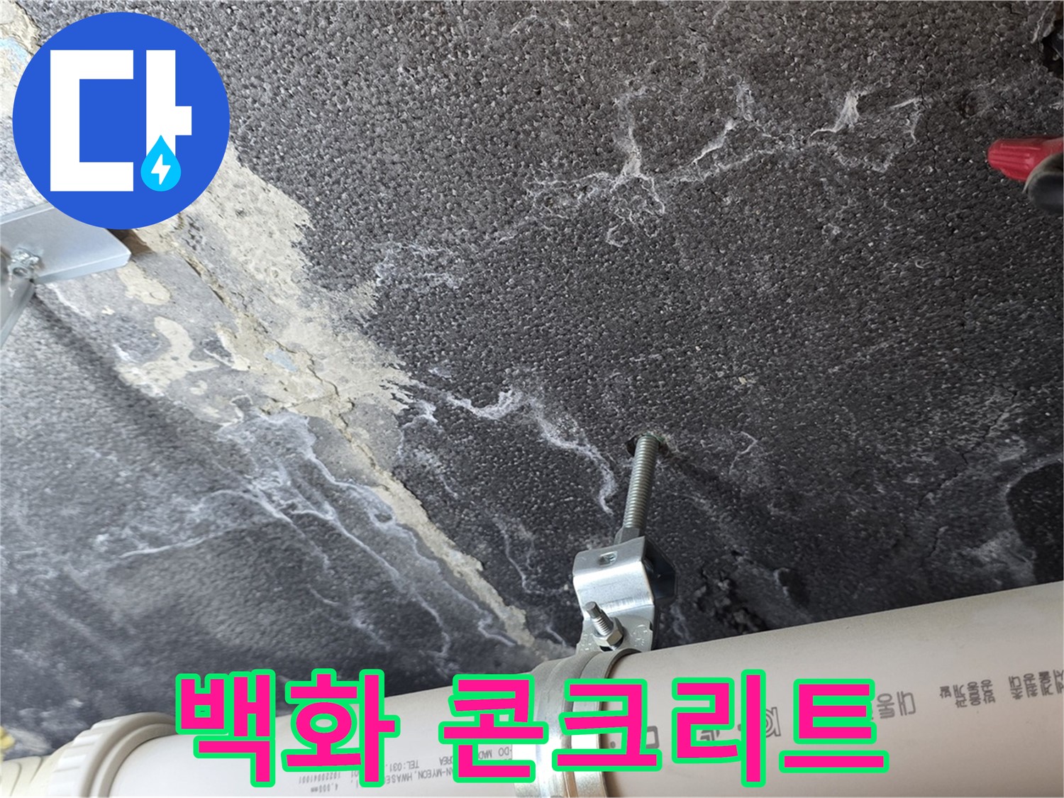 백화 콘크리트 손상 - 백화 현상과 함께 주변 콘크리트의 손상 여부를 확인합니다.