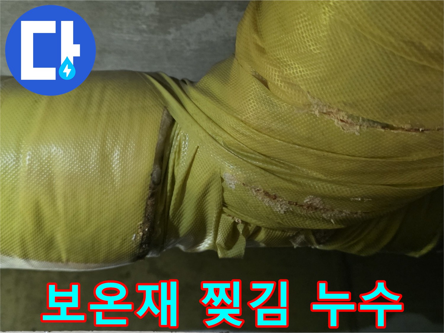찢어진 배관 보온재 - 누수 초기 증상일 수 있으므로 주의 깊게 살펴봐야 합니다.