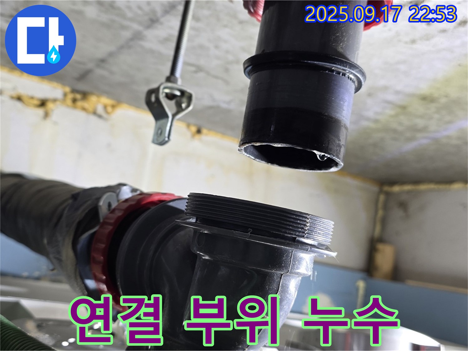 싱크대 하수구 배수통과 호스 연결 부위 누수 - 꼼꼼한 재연결이 필요합니다.