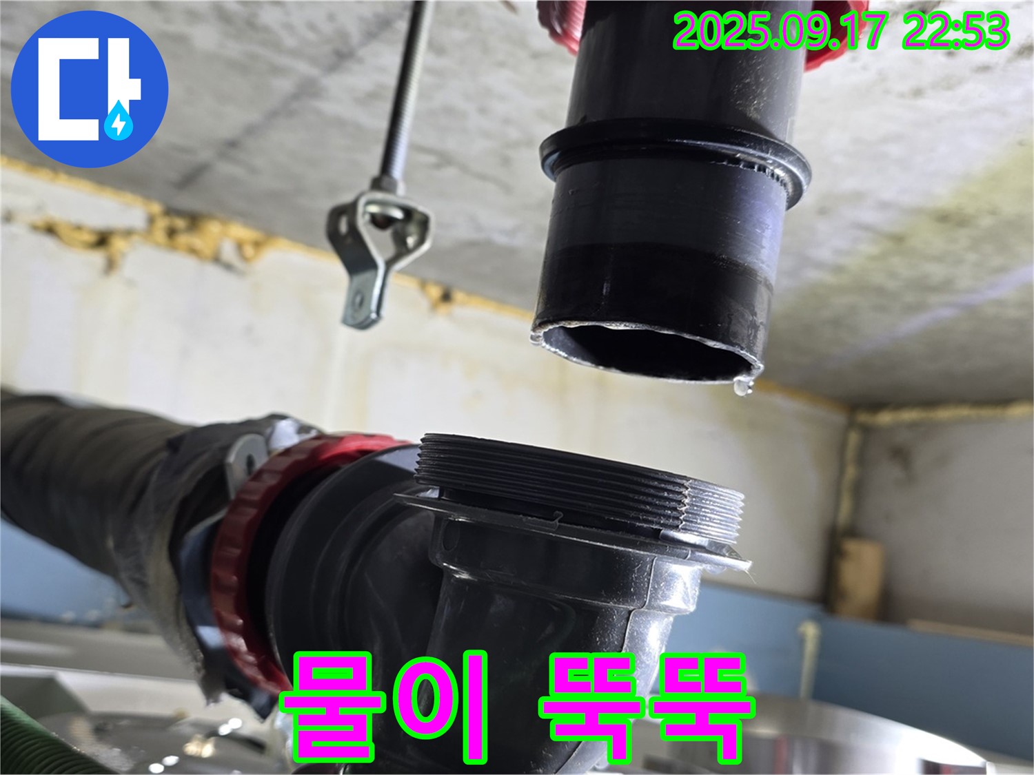 싱크대 하수구에서 물이 뚝뚝 - 하수구 연결 부위에서 물이 떨어지는 긴급한 상황입니다.