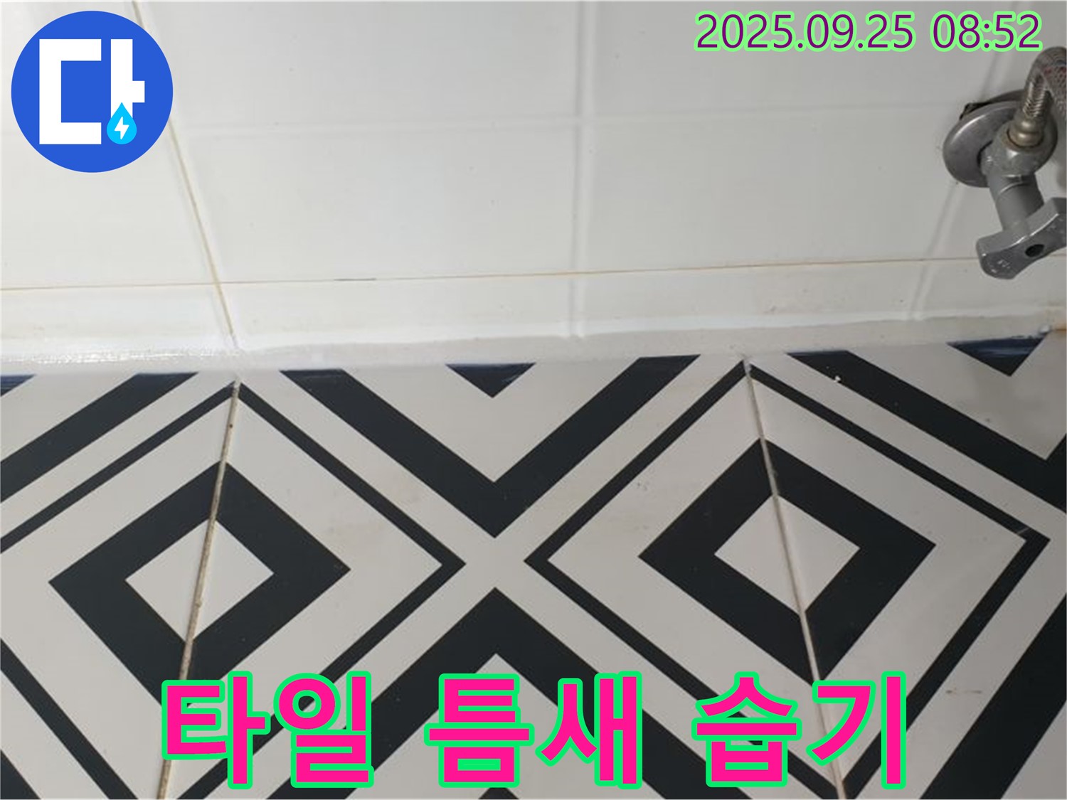 양주시 백석읍 오산리 욕실 누수 - 바닥 타일 틈새에 습기가 차 있는 모습으로 누수 가능성을 보여줍니다.