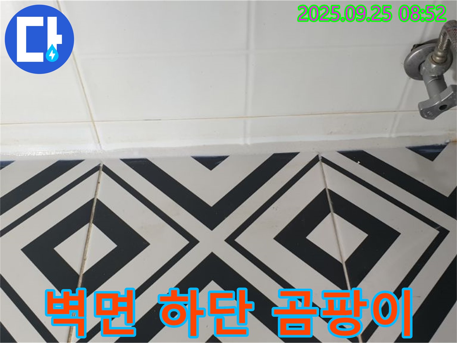 양주시 백석읍 오산리 욕실 누수 - 벽면 하단 타일에 곰팡이 흔적이 남아있는 모습으로 과거 누수를 의심하고 있습니다.