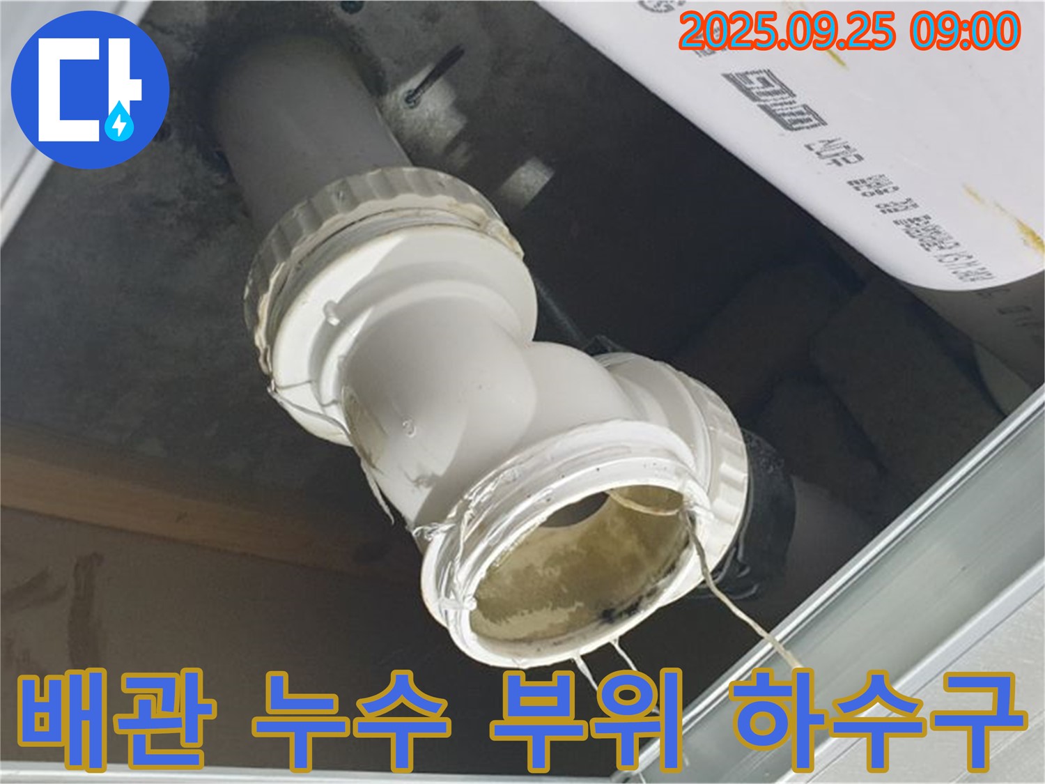 양주시 백석읍 오산리 하수구 누수 현장 - 배관 연결 부위에서 물이 새는 모습이 선명하게 보입니다.