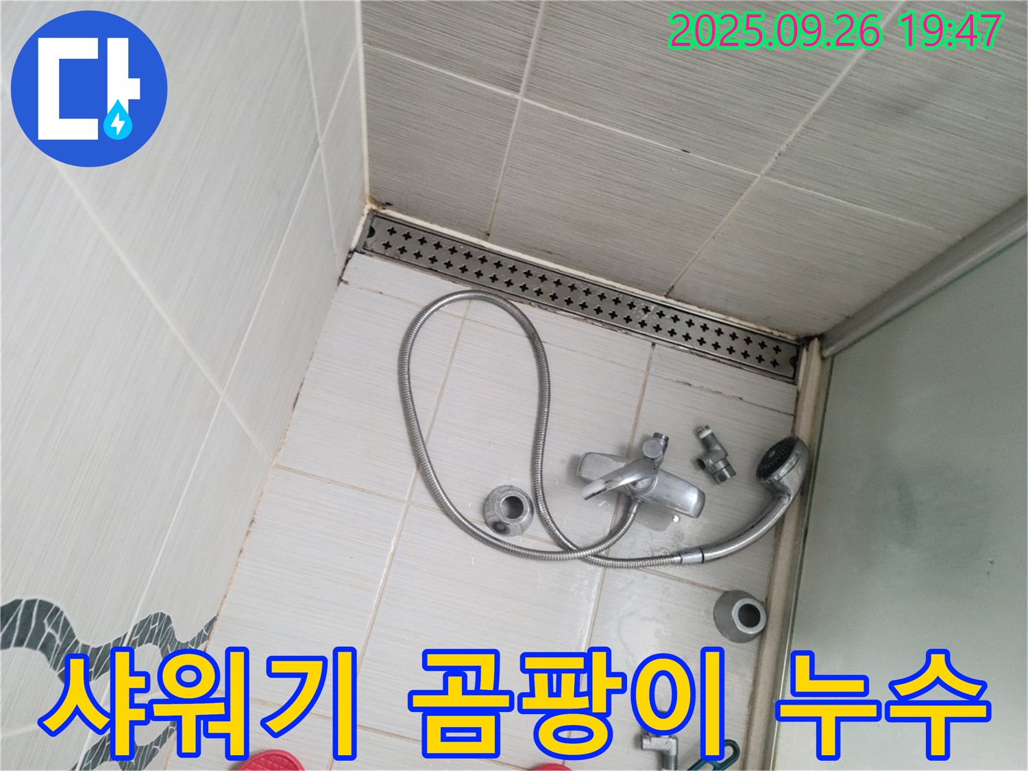 동두천시 중앙동 누수 - 샤워기 주변의 곰팡이와 누수 흔적을 보여줍니다.
