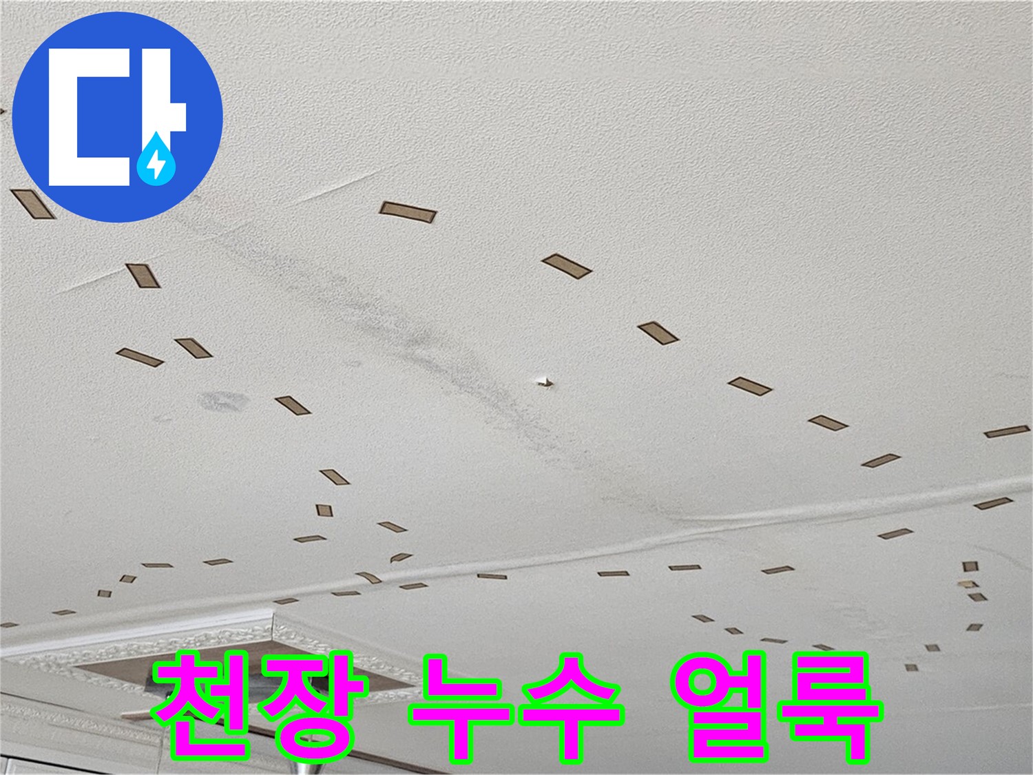 천장 누수 얼룩 - 도봉동 현대시티 아파트에서 발생한 천장 누수 얼룩 사진입니다. 누수 범위가 넓어 2차 피해가 우려되는 상황입니다.