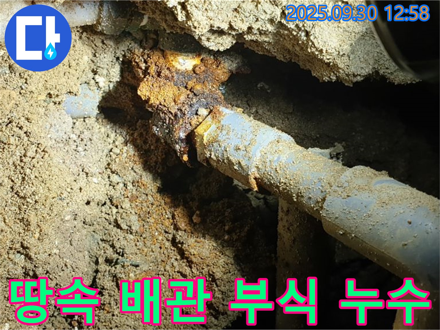 양주시 광적면 효촌리 누수 현장 - 땅속 배관의 심각한 부식으로 인해 발생한 긴급 누수 상황을 보여주는 사진입니다.