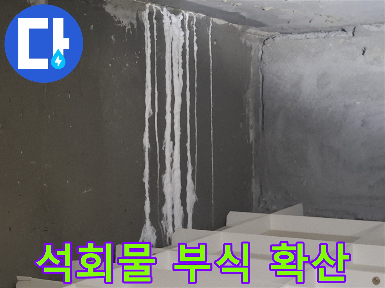 분당구 삼평동 봇들마을 아파트 누수 - 계단 '하얀 석회물' 누수는 건물 부식을 가속화하고 곰팡이 확산을 촉진합니다.