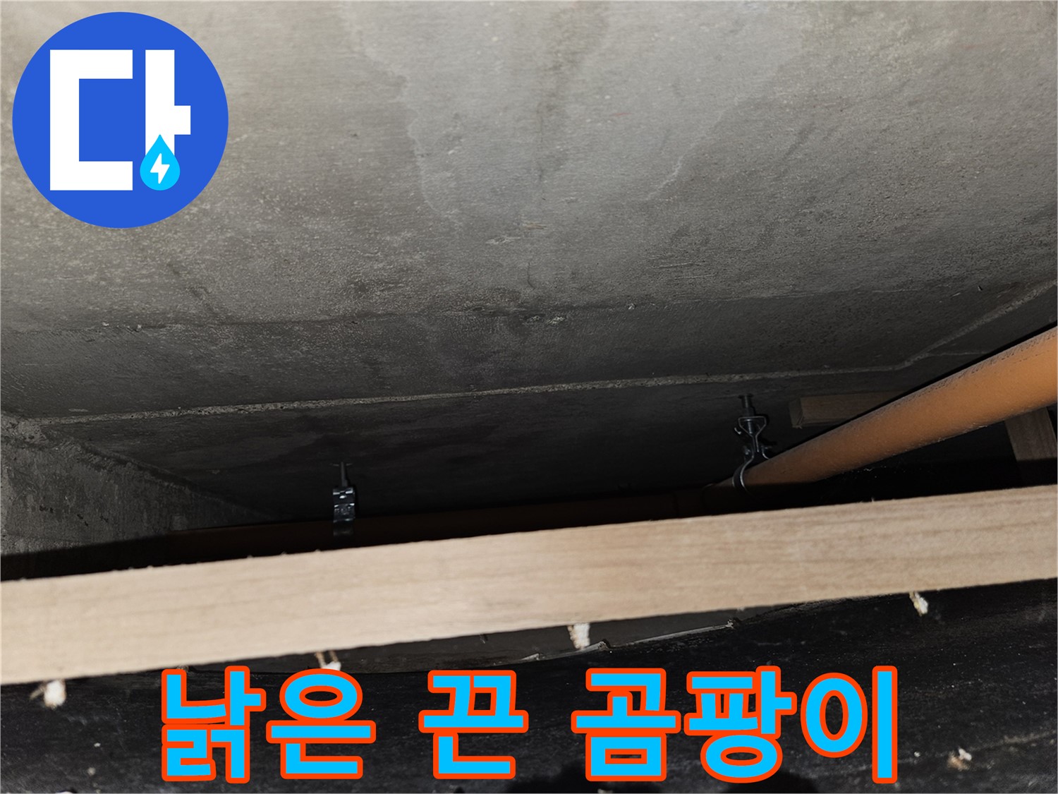 천장 배관 - 낡은 끈 지지 - 끊어짐, 곰팡이, 습기 문제 동시 발생