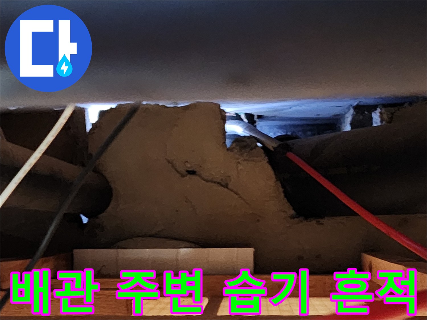 천장 내부 배관과 젖어있는 마감재의 상태