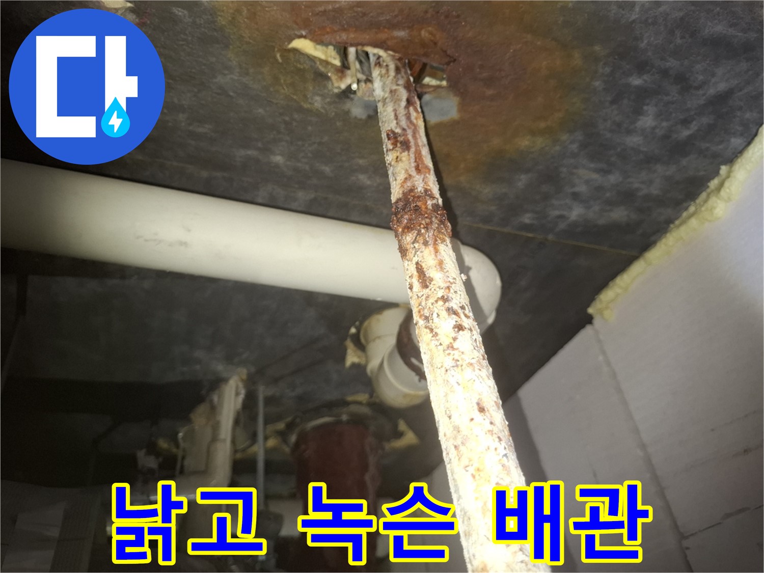 수원 신풍동 누수 현장에서 낡고 녹슨 배관이 누수의 원인임을 보여줍니다 - 노후 배관은 누수의 주범입니다.