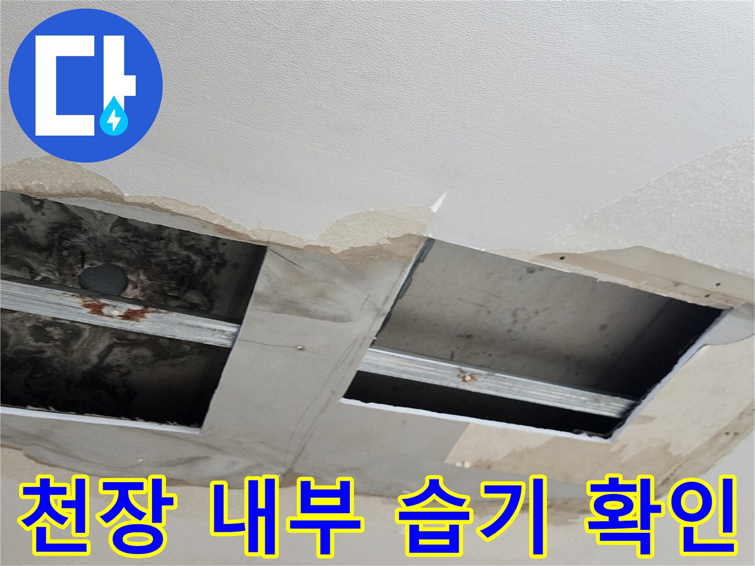 훼손된 천장 마감재와 노출된 배관 구조물