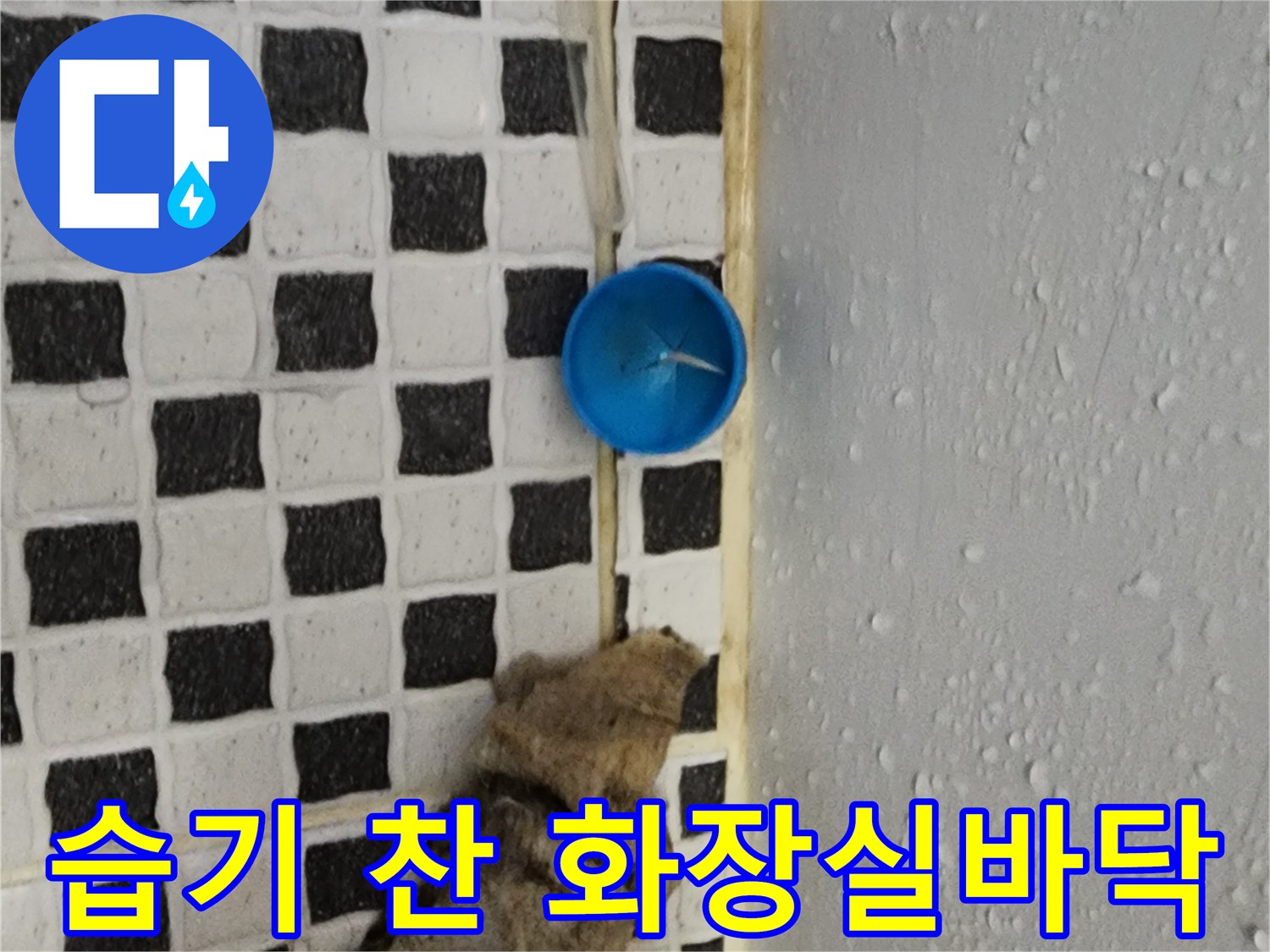 물기가 고여 있는 파란색 부속과 젖은 타일 면