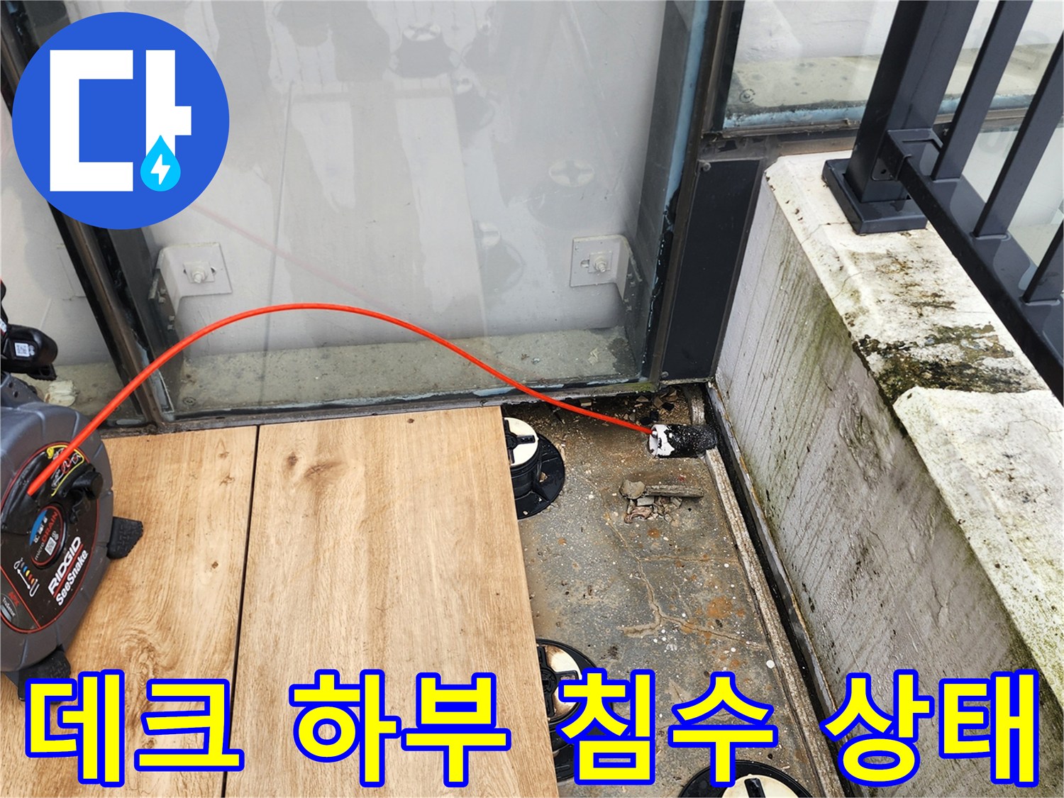 배수 캡 주변에 고여 있는 물과 오염된 슬러지 확인