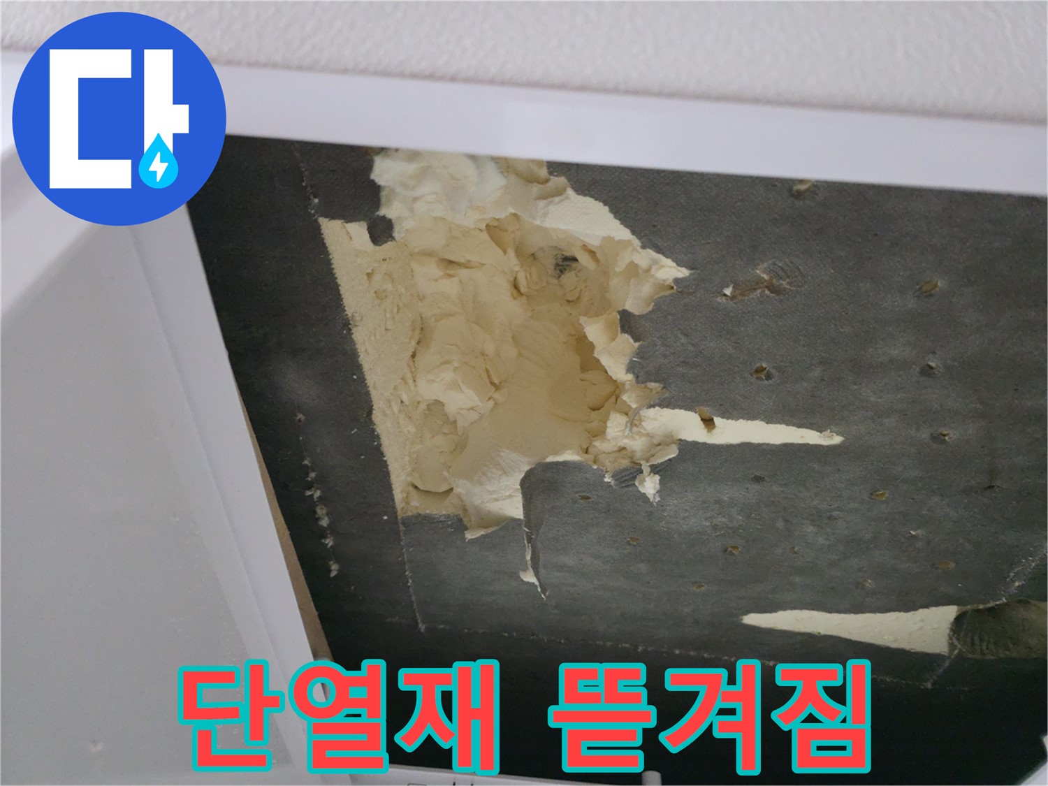 뜯겨지고 훼손된 천장 단열재 - 누수 의심