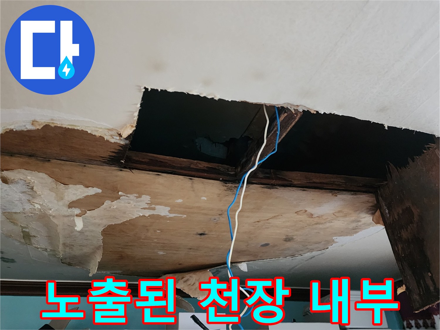 천장-내부-구조물과-젖어있는-마감재-상태