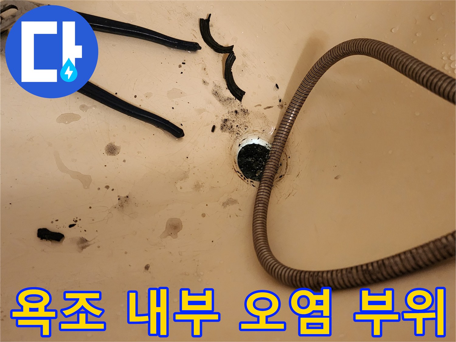 오염된 욕조 배수구와 굴곡진 배관의 모습
