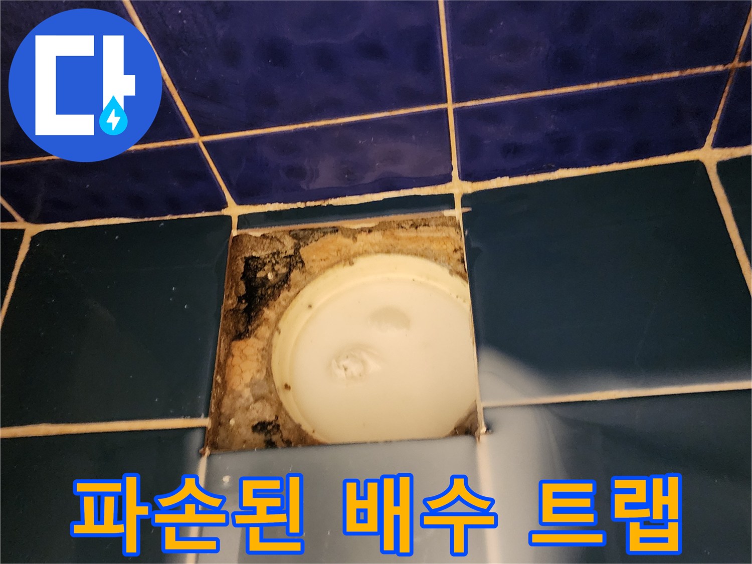 욕실 바닥 타일이 제거된 - 노출된 배수 유가와 주변 오염 상태