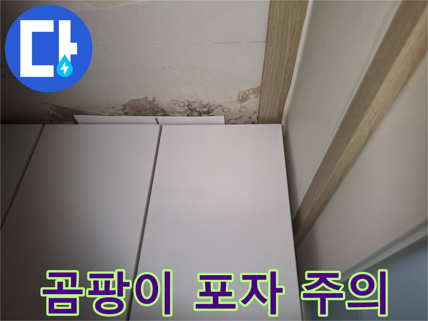 장롱 위 천장 누수로 인해 곰팡이 포자가 퍼질 수 있음을 경고하는 사진입니다.