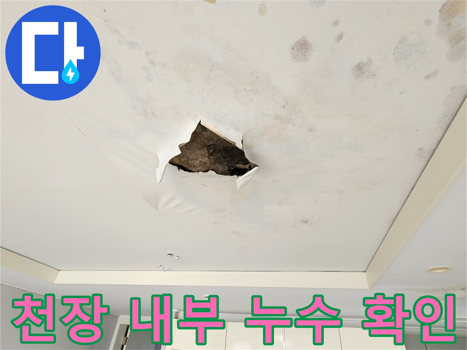 누수 흔적이 남은-천장 마감재와 절개된 내부 공간