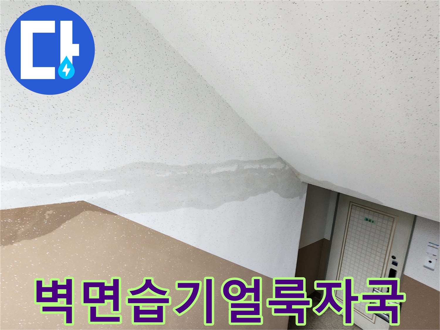 계단실 벽면의 회색빛 누수 오염 부위 상세 사진