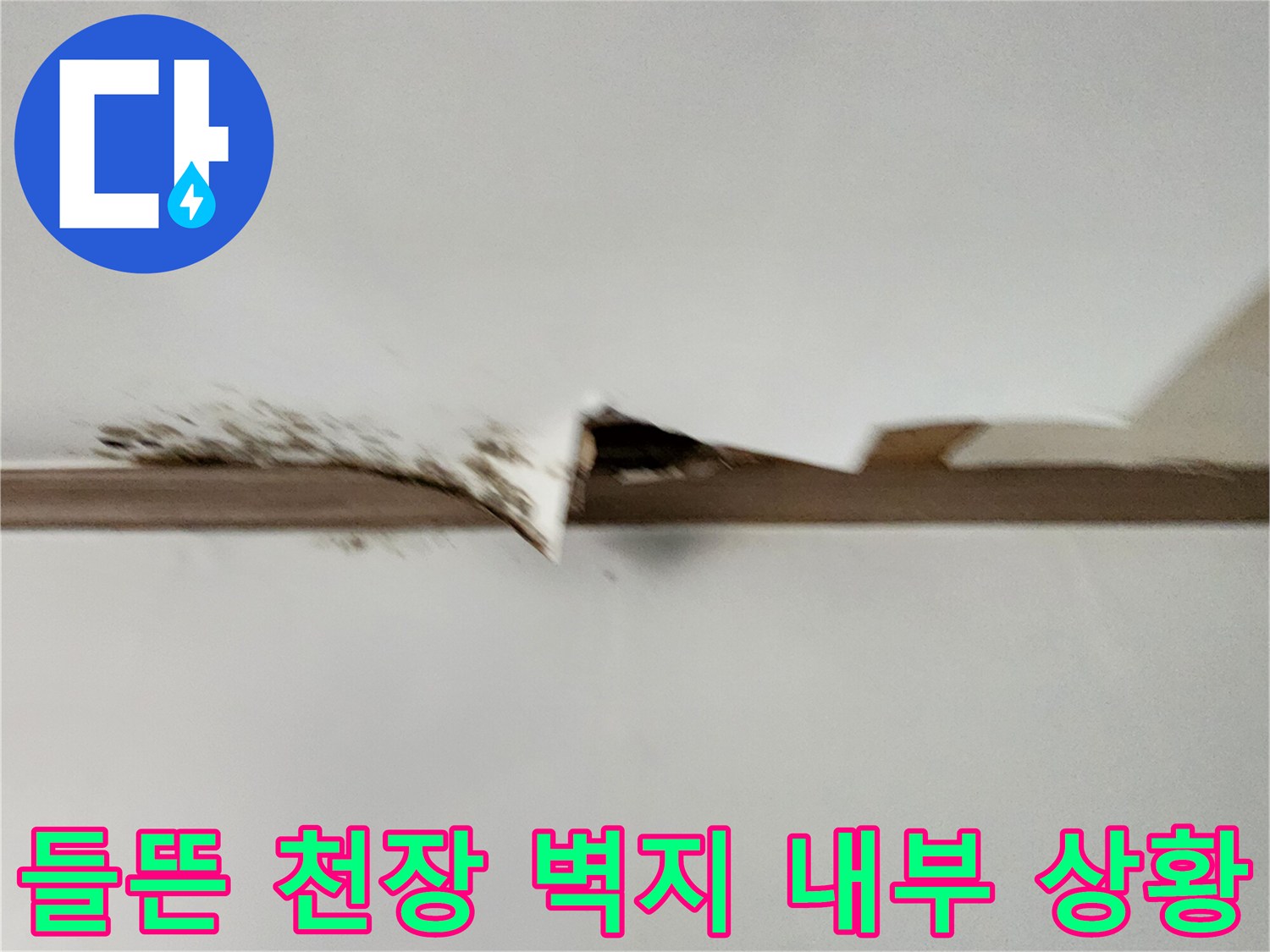 물에 젖어 어둡게 변한 천장 마감재 틈새 모습
