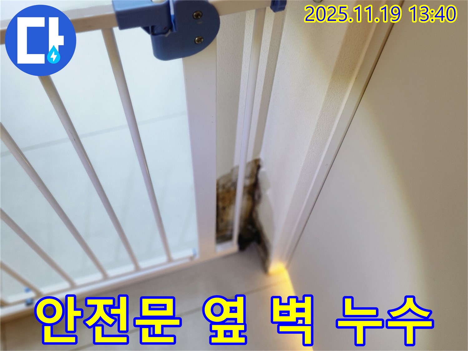 안전 문 옆 벽에 곰팡이가 핀 모습 - 곰팡이 완벽 차단 - 재발 걱정 없는 시공을 약속합니다.