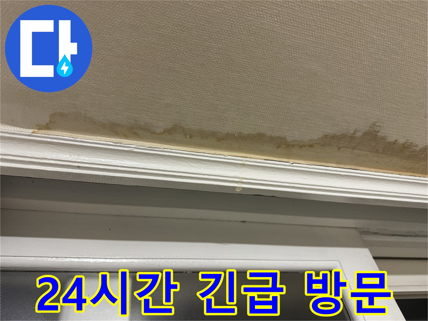 천장 누수로 인한 물 떨어짐 - 긴급 상황임을 강조하며 - 24시간 방문 서비스를 안내합니다.