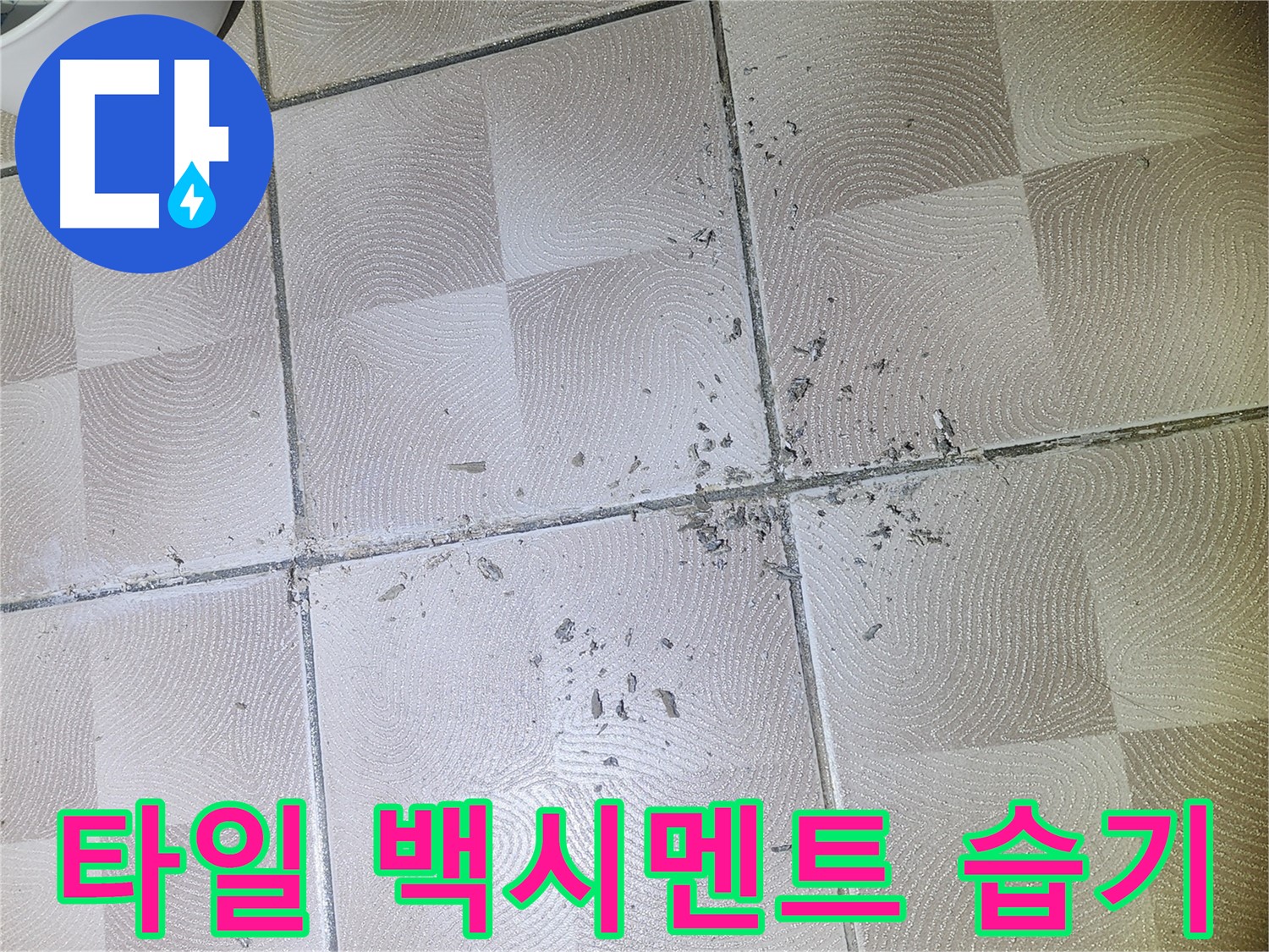 수원 센트럴타운로 누수 - 깨진 타일 주변 백시멘트 가루 및 습기 상태 확인
