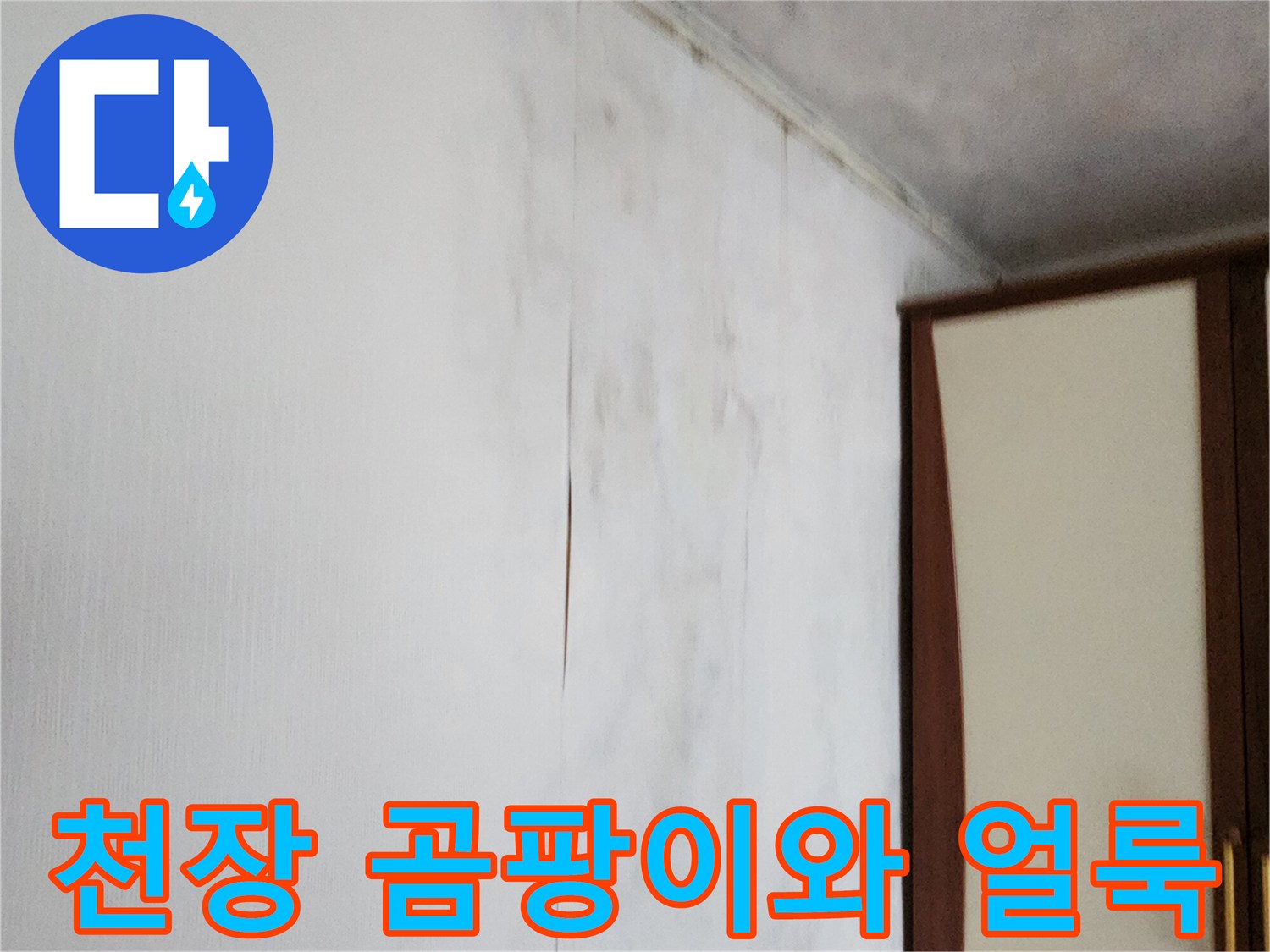 벽지 변색과 곰팡이가 나타난 천장 하단 벽면