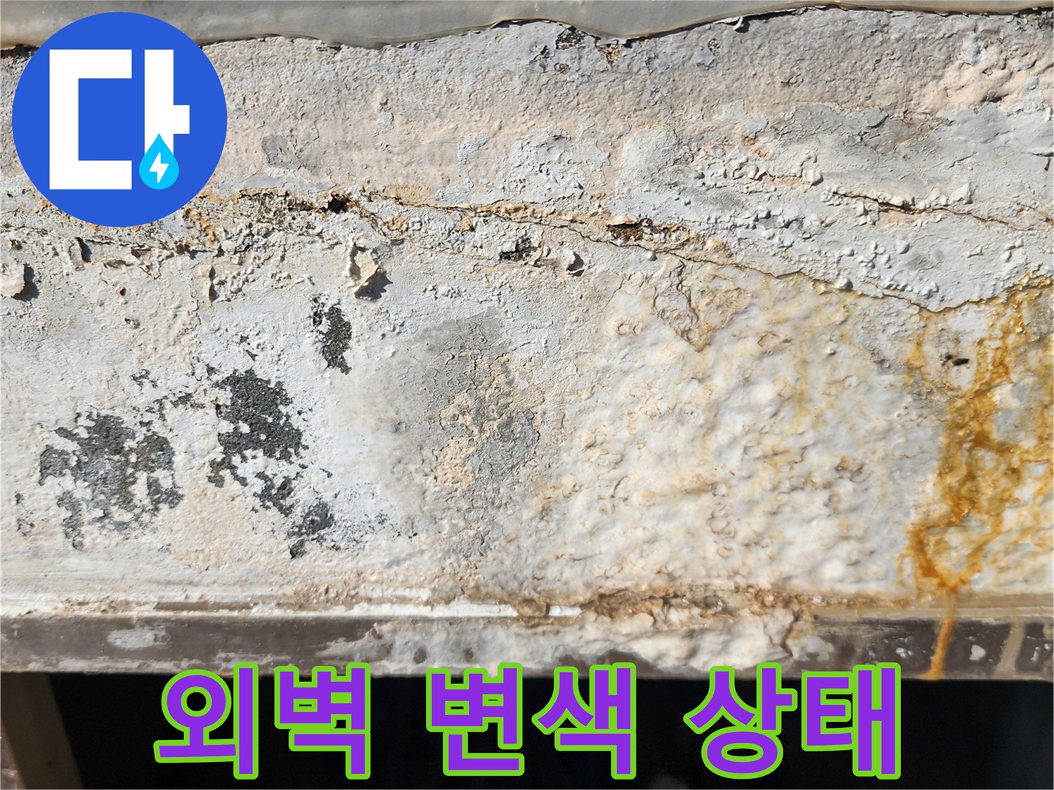 포천 신북면 현장-외벽 하단부의 누수로 인한 황색 얼룩과 습기 상태