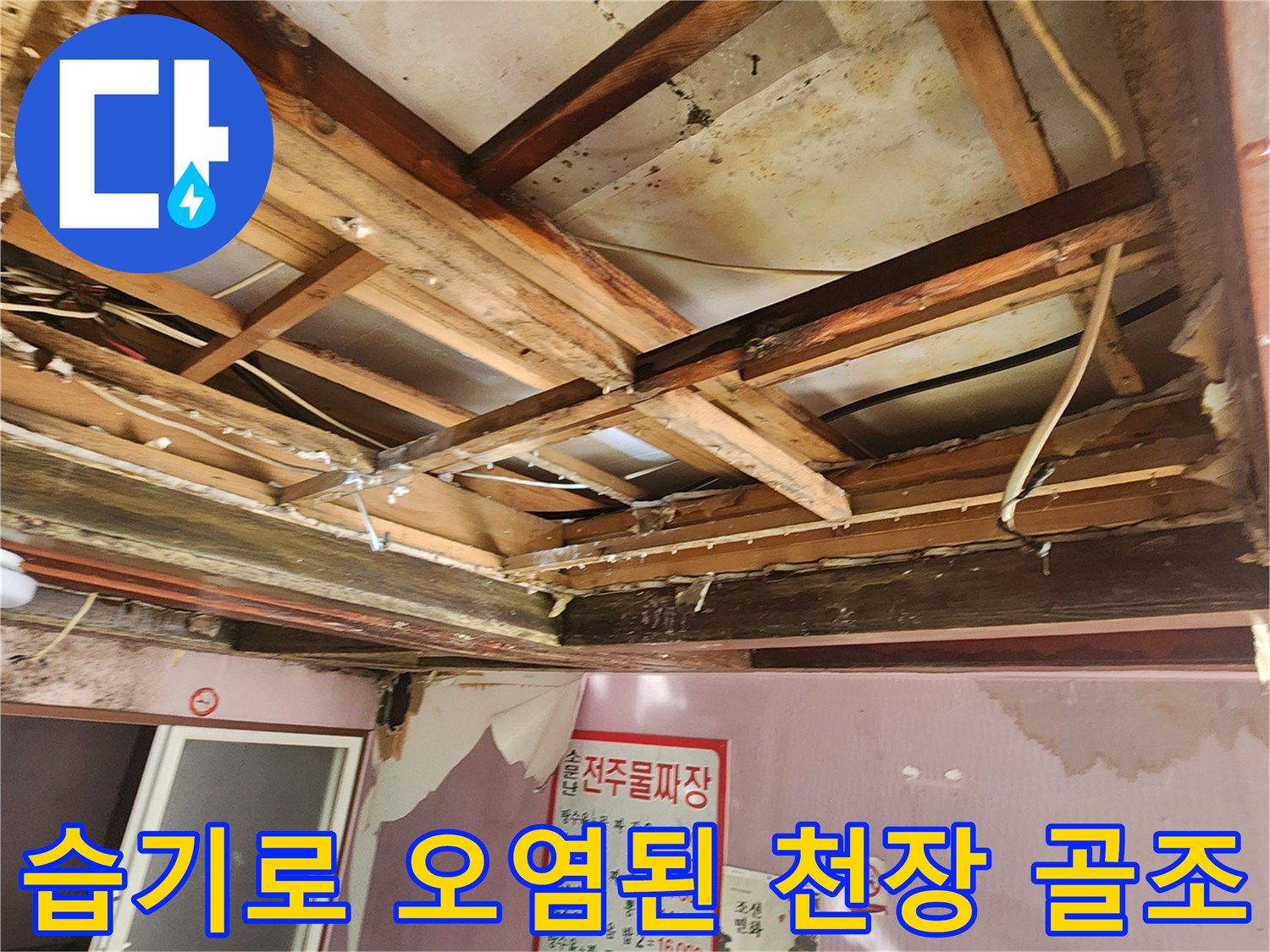 습기와 곰팡이로 인해 변색된 천장 내부 구조