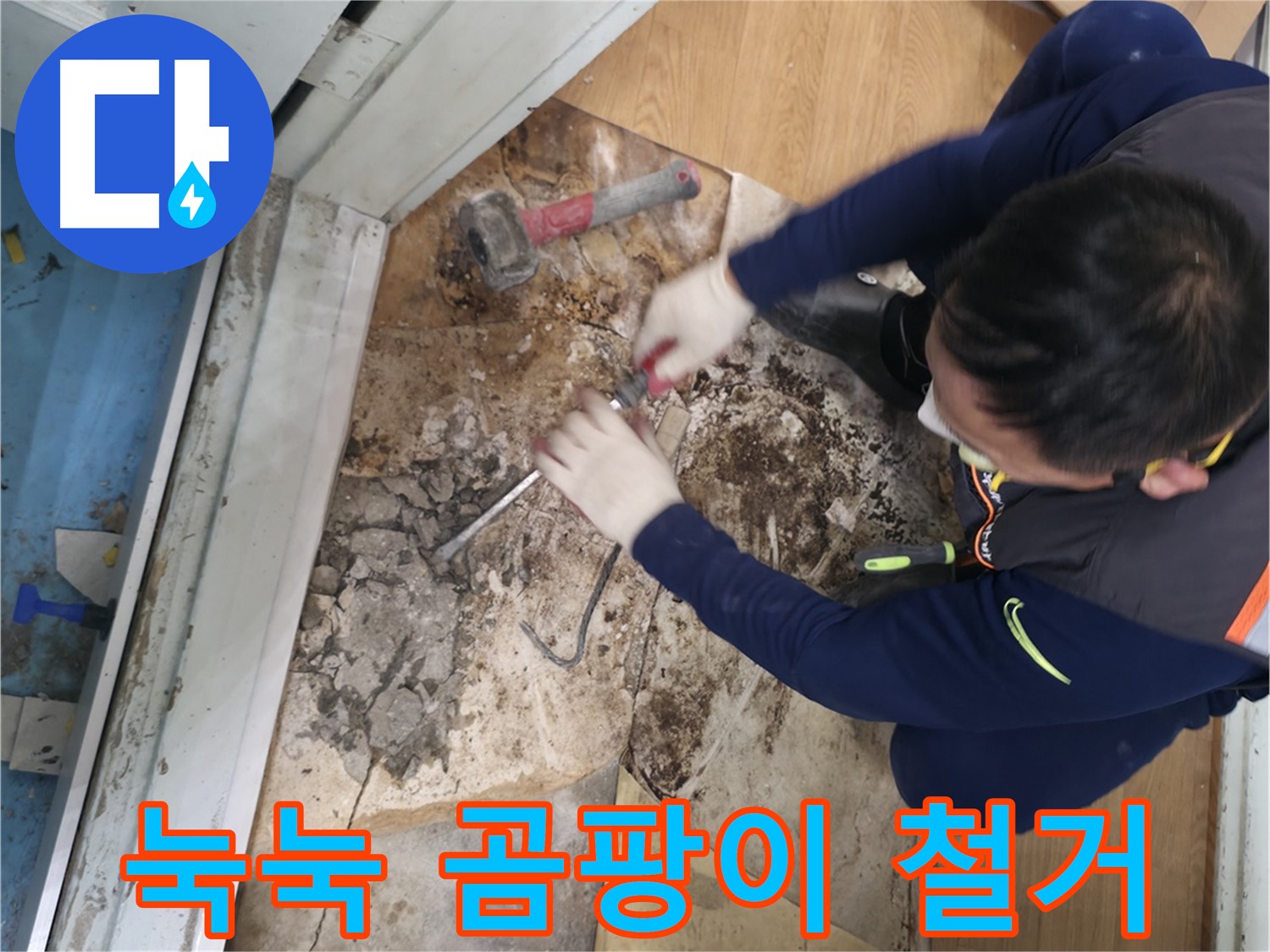서초구 서초2동 정확한 누수 진단 - 칼을 사용하여 장판을 들어올리고 누수 지점을 정확하게 확인하는 모습입니다.