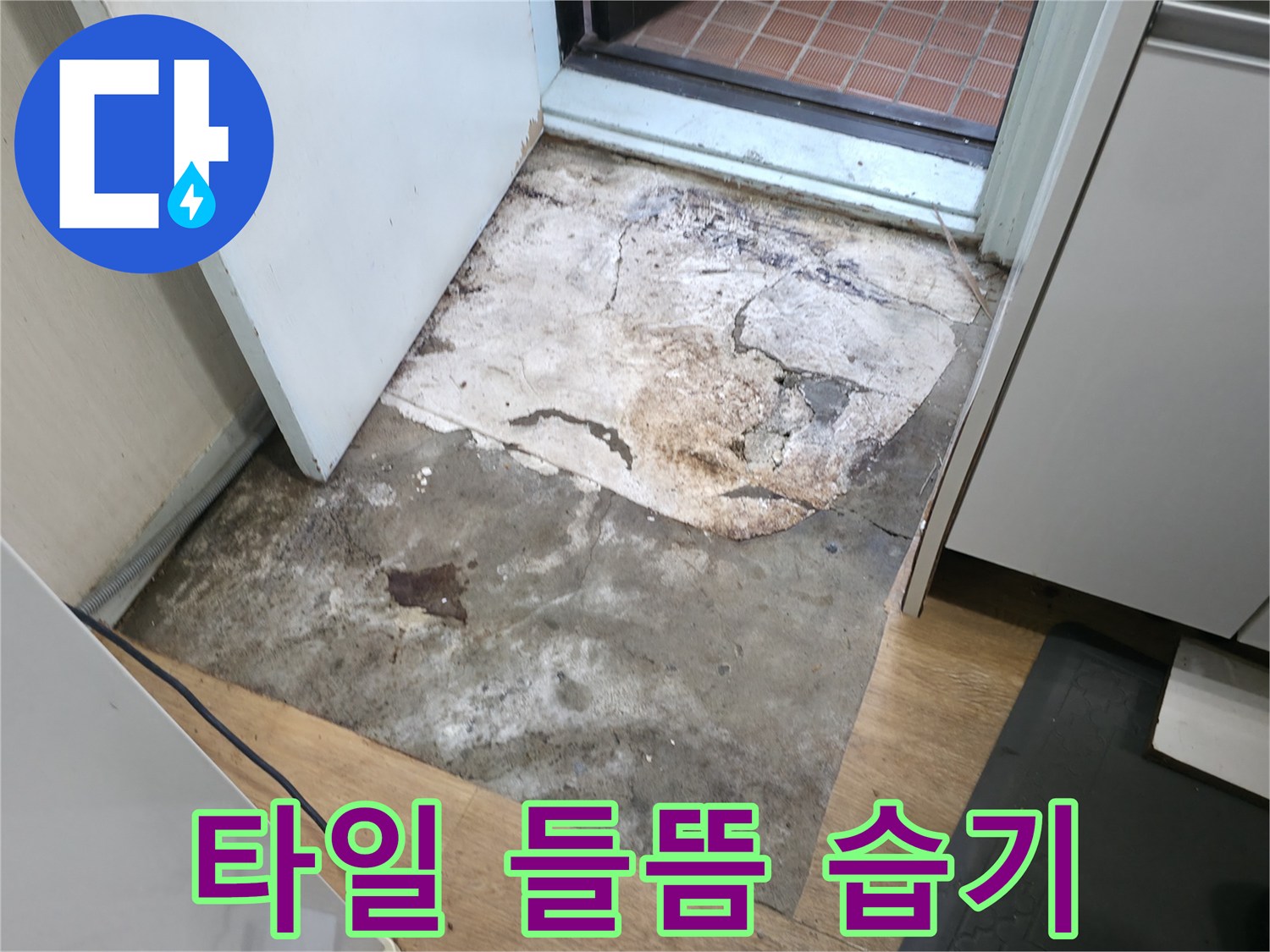 서초2동 누수 현장 - 타일 들뜸과 습기로 인한 문제점을 보여주는 사진