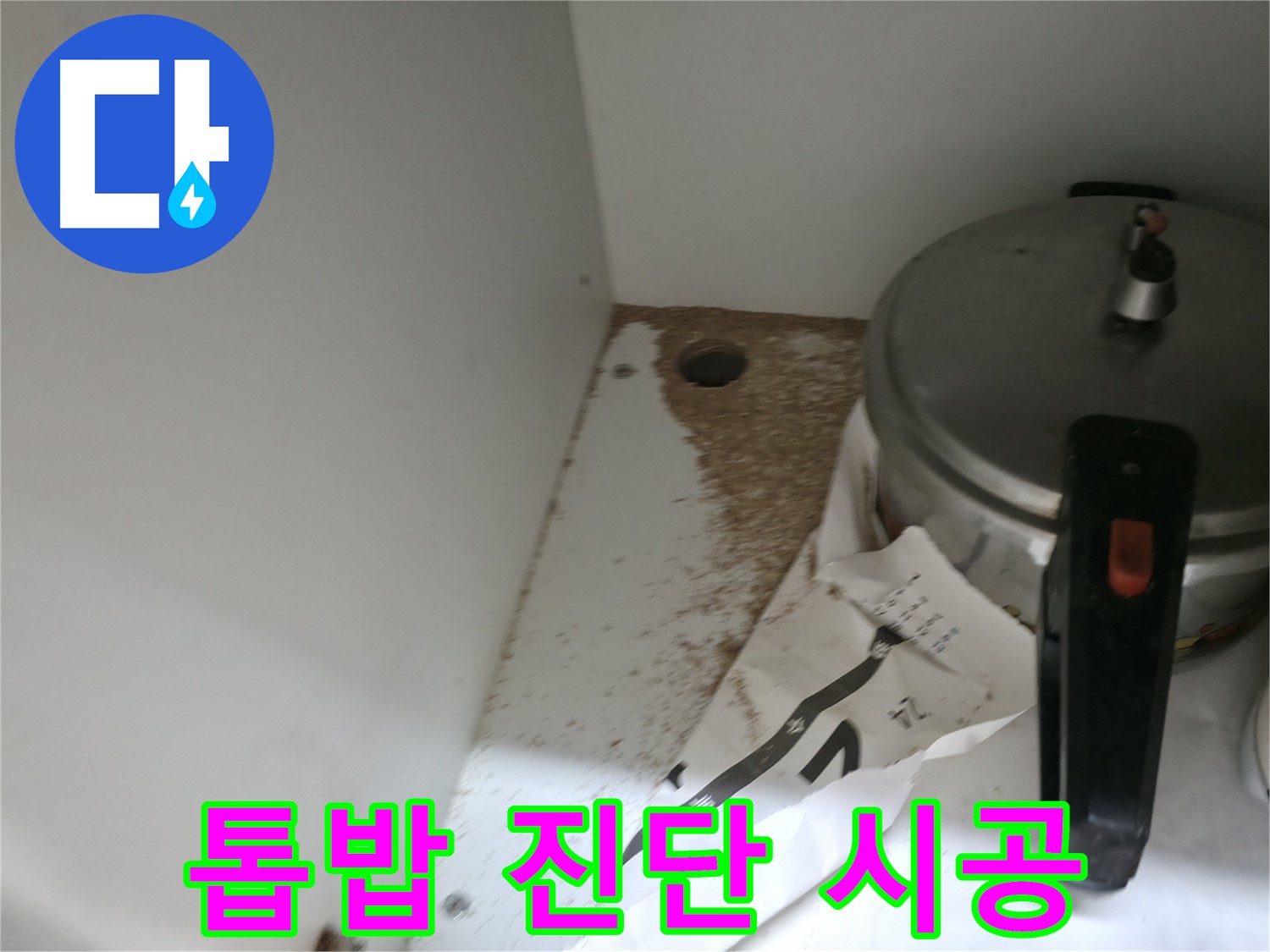 싱크대 밑 - 톱밥 - 숨겨진 누수 - 첨단 장비 탐지