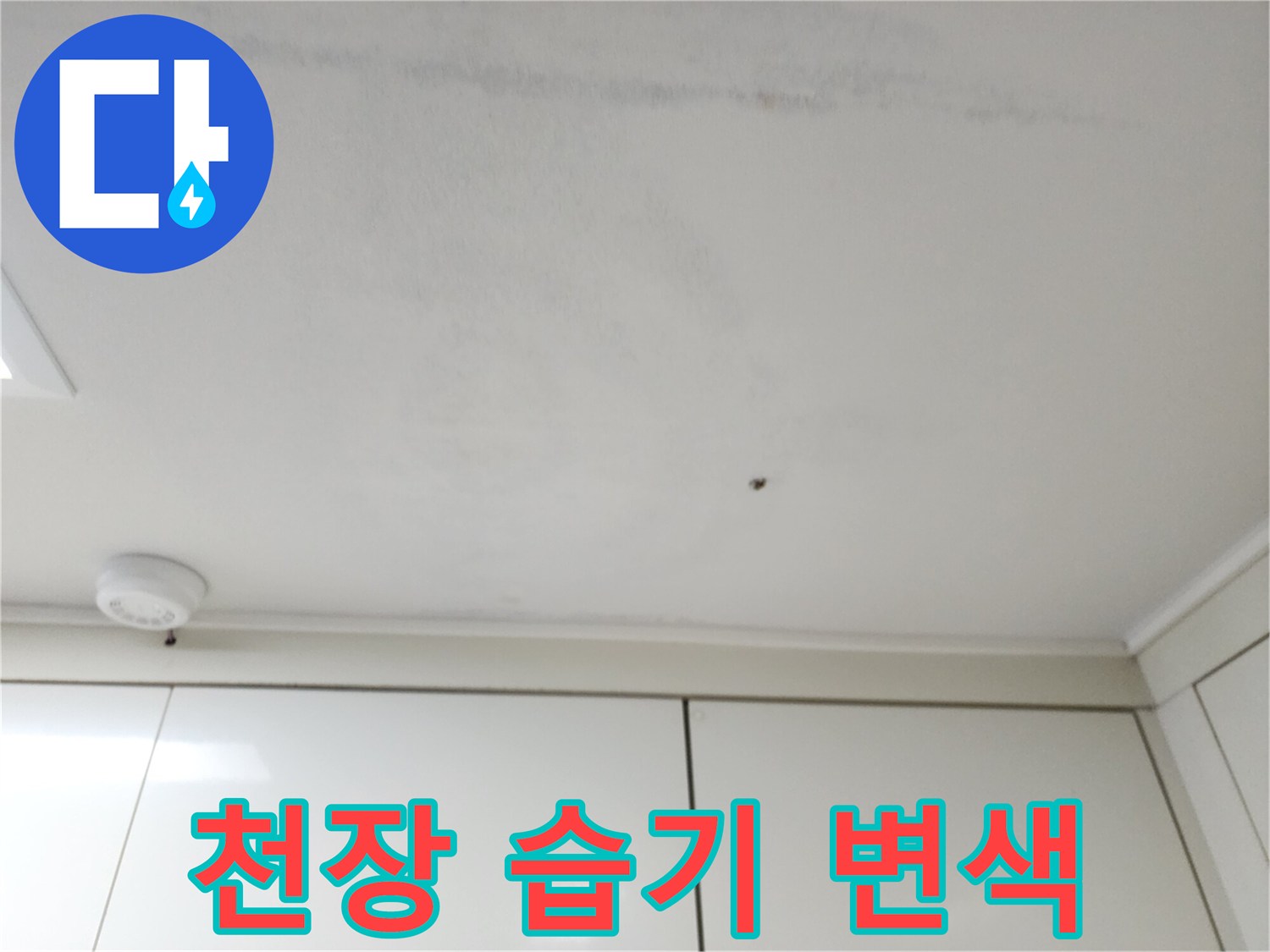 하얀 천장 마감재 위에 나타난 어두운 색의 습기 침투 흔적