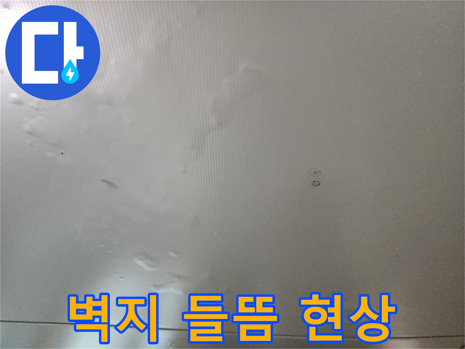 습기로 인해 부풀어 오른 천장 벽지 표면 사진입니다.