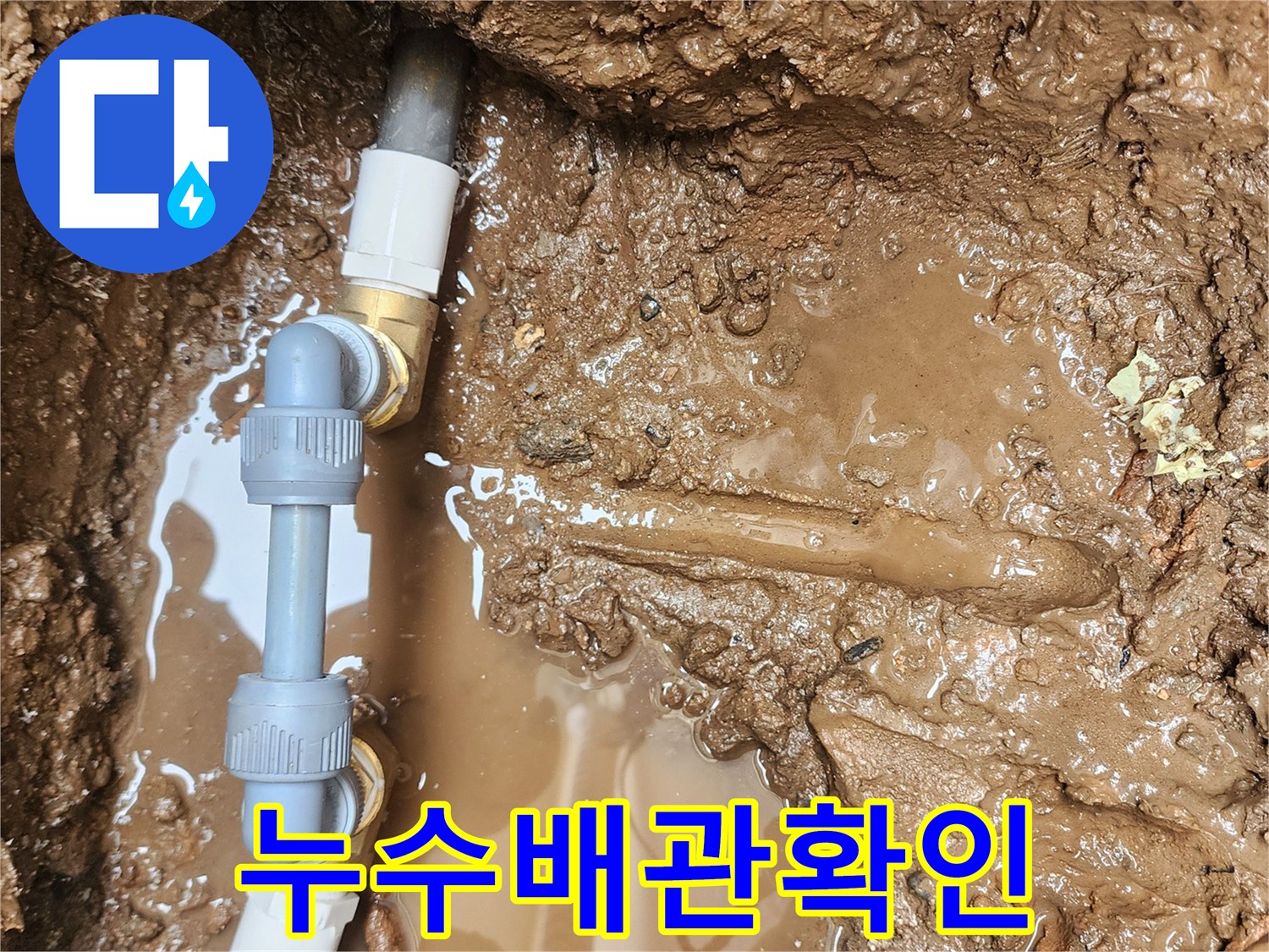 진단 후 발견된 누수 부위-젖은 토양 속에서 드러난 파손 배관